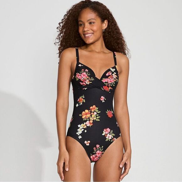 Land's End Sculpting Swim Suit One Piece Wave Technology Black Meadow Floral Var - Picture 4 of 7